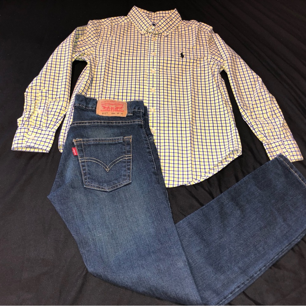 Ralph Lauren Blue/Yellow Plaid Button Down Shirt with Levi Blue Jeans for Boys